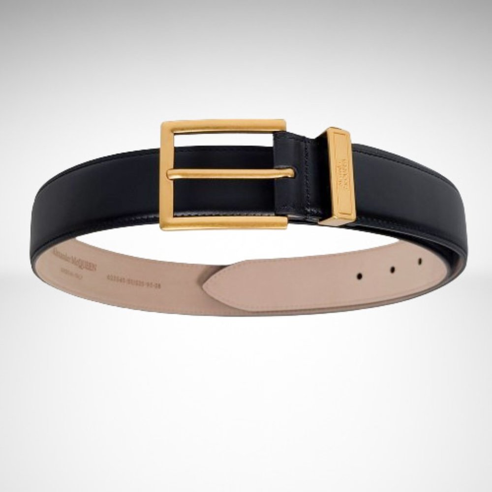 ALEXANDER MCQUEEN Men's The Gold Tone Buckle Belt in Black Calfskin Leather - Picture 2 of 8